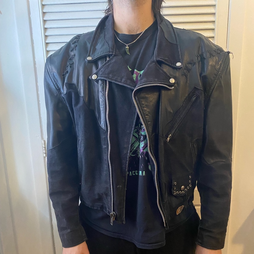 Unique black denim and leather 80s jacket